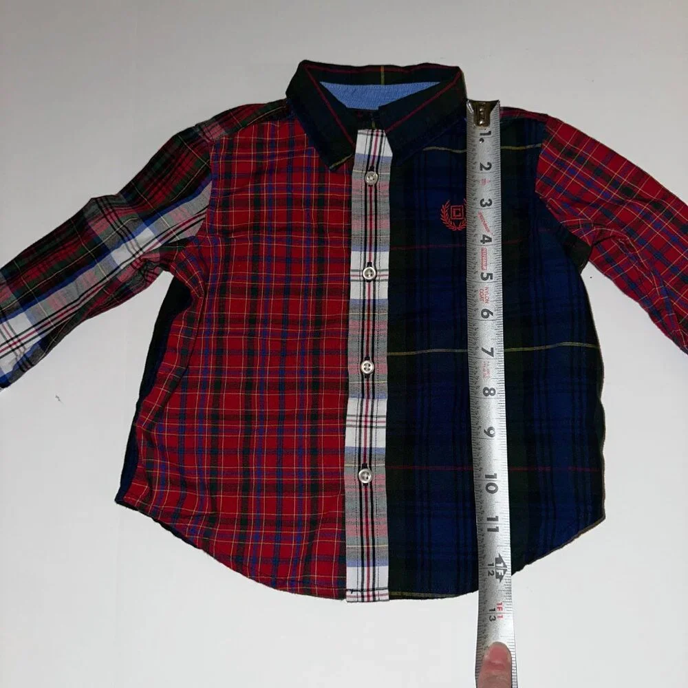 CHAPS Baby Boys 9M Shirt/Pants Set Navy Pants & blue/red plaid Shirt